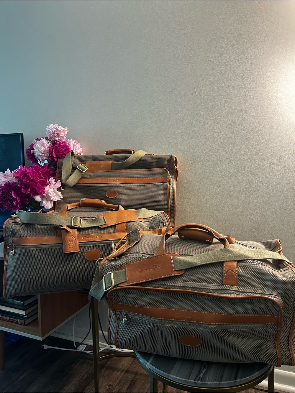 Christian Dior Vintage 3 Piece Honeycomb Canvas Tan Leather Travel set